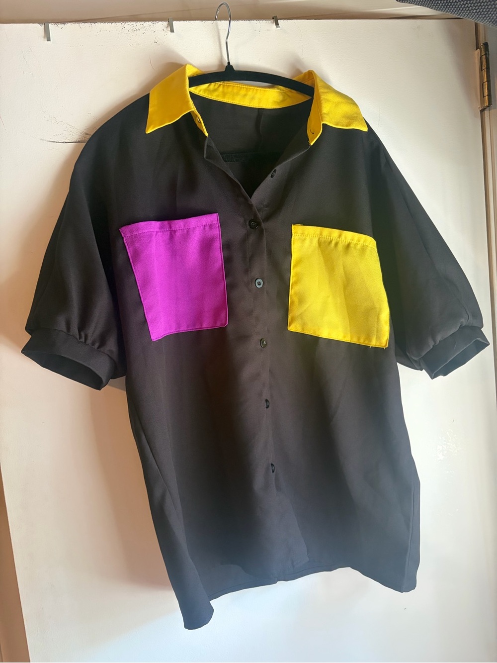 Black Color Block Button Up Shirt Yellow Purple Pockets Retro 80s 90s Style